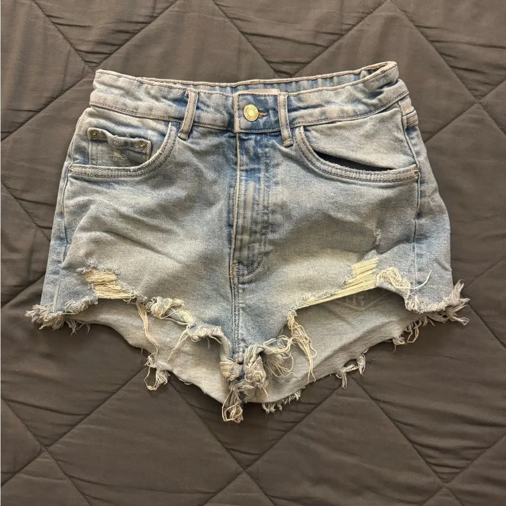 Zara Light Blue Distressed Jean Shorts - Picture 1 of 6